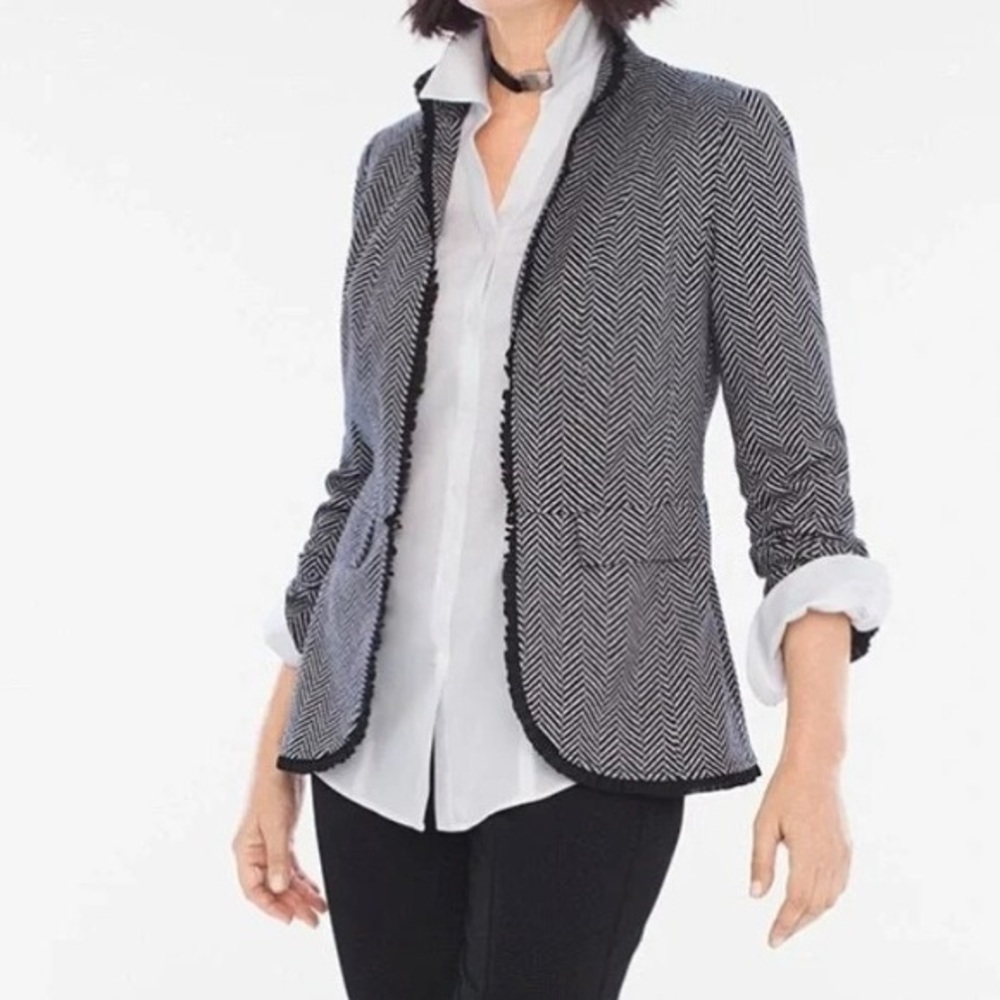 New Chico’s Chevron Blazer Jacket With Black Ruffle Trim Size 1 US M